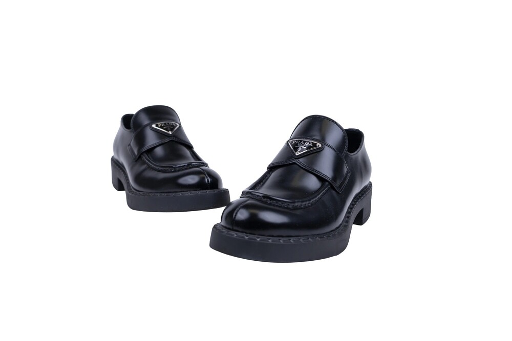 Prada Black Brushed Calfskin Triangle Logo Loafers Size 9.5
